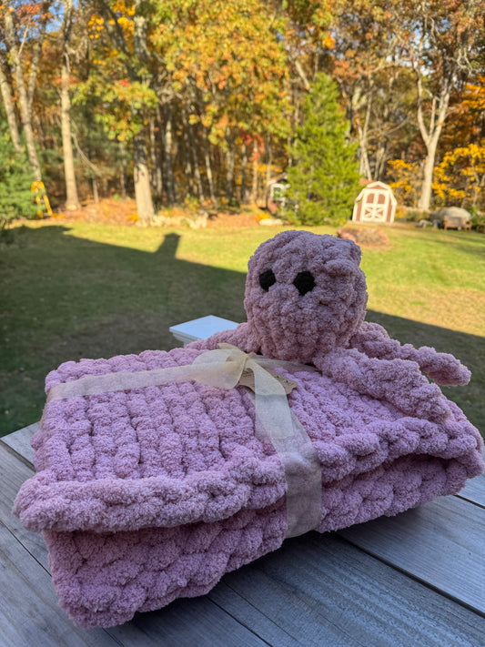 Soft Hand-Knit Baby Blanket with Plush Octopus