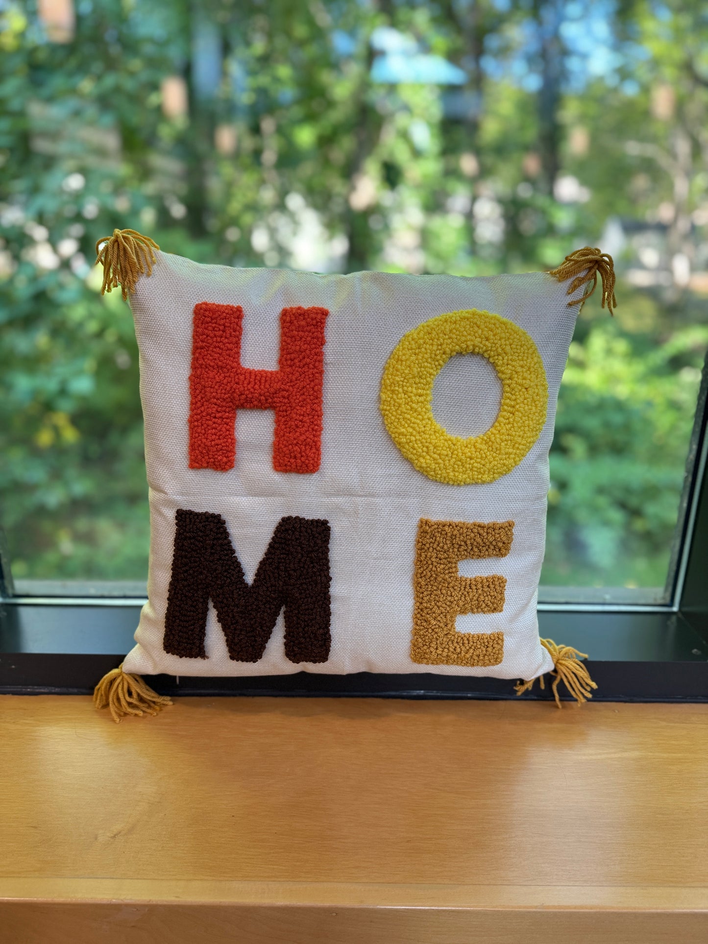 Handmade Punch Needle HOME Pillow with Tassels - Fall colors Decorative Cushion
